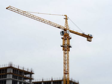 Large lattice boom crane on a construction site, extended arm reaching skyward, overcast daylight, wide environmental shot showing site scale
