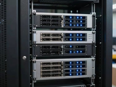 Close-up of organized server racks with blue indicator lights, clean high-clarity warehouse lighting showing network hardware.