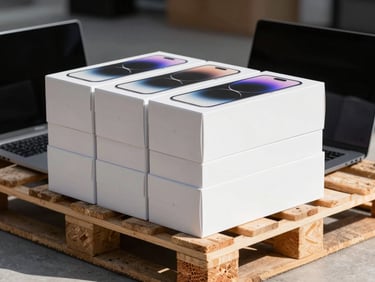 Straight-on clean studio shot of stacked pristine smartphone boxes and laptops on a wooden shipping pallet, bright natural daylight.