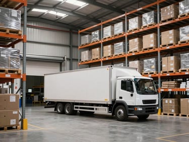 Brightly lit interior of a modern logistics warehouse with organized high-bay shelving and a transport truck docked at the loading bay.