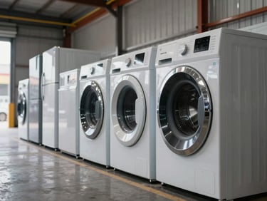 Modern domestic appliances, including washing machines and refrigerators, aligned neatly on a clean warehouse loading dock.