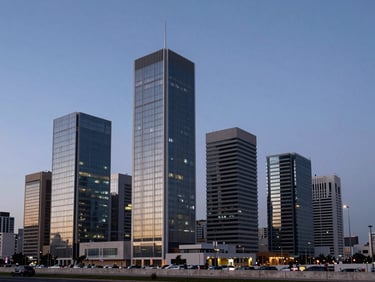 Crisp architectural view of Casablanca financial district at dusk, cool blue and silver ambient light, sharp geometric lines.