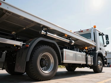Dynamic low-angle shot of a flatbed tow truck platform hydraulic mechanism gleaming under direct sunlight