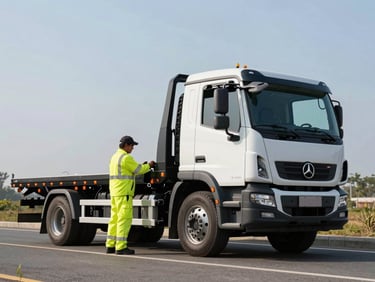 A clean modern flatbed truck parked on a roadside during daytime, operator in high-visibility uniform preparing the hydraulic deck