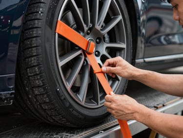Close-up of professional operator hands applying a heavy-duty orange wheel strap to a luxury car tire on a flatbed platform
