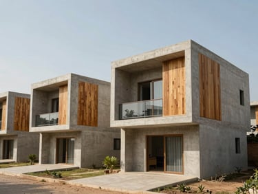 Heroic architectural shot of eco-friendly modern villas in Senegal, minimalist concrete and wood facade, bright natural daylight, clear sky.