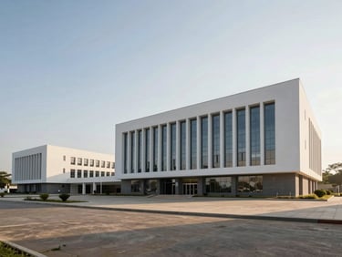 Low-angle architectural render of Diamniadio modern administrative buildings, crisp morning daylight, clean lines, expansive negative space.