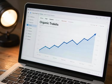Close-up overhead view of a laptop screen displaying an eCommerce analytics dashboard, organic traffic line chart showing a pronounced upward trend from month three onward, warm studio light from the left, wooden desk surface visible at edges, no people