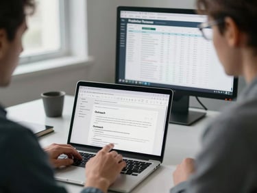 Wide environmental shot of a team member reviewing outreach email drafts on a laptop screen in a professional office setting, a second monitor showing a publisher prospecting spreadsheet with domain metrics, north-facing studio daylight, clean desk surface visible