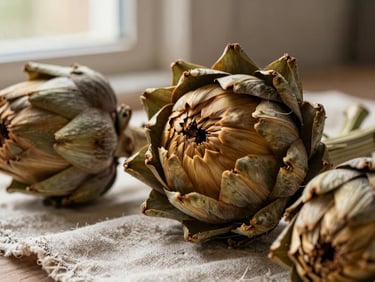 Extreme close-up of dried artichoke flower heads and stems arranged on a rough linen cloth, warm natural side light from a single window, ochre and pale sage tones, shallow depth showing texture of dried petals and fibrous stems in detail