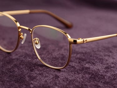 Macro shot of a premium gold-plated glasses frame resting on a soft velvet surface, warm golden-hour light highlighting the hinge detail