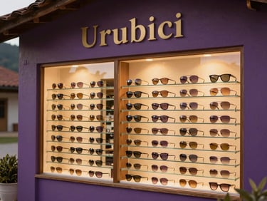 Charming optical store in Urubici, cozy mountain-town atmosphere, premium sunglasses display.