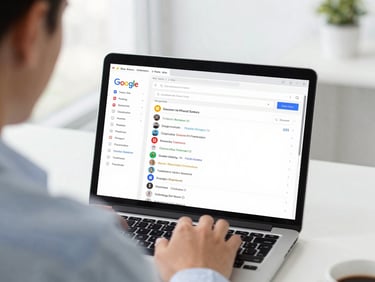 Over-the-shoulder view of a person analyzing Google Maps search results on a laptop, showing local business listings and pins, bright overcast daylight, professional office environment