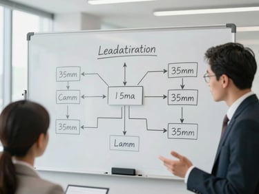 A whiteboard with clear, concise flowcharts and metrics demonstrating lead attribution, two business professionals discussing the data, bright office lighting, 35mm
