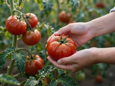 Hands gently picking ripe heirloom tomatoes in a field at dawn, soft natural light, dew on leaves, deep crimson and forest green tones, shallow depth of field, 35mm.