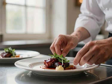 Close-up of a chef's hands delicately plating a dish in a scandinavian-style restaurant kitchen, natural window light, shallow depth of field, warm editorial photography.