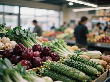 Bustling modern food market, diverse fresh produce, soft overhead lighting, shallow depth of field, deep crimson and forest green tones, 35mm.