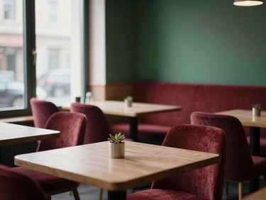 Cozy Scandinavian-style restaurant interior, soft natural light, empty tables, focus on atmosphere, deep crimson and forest green accents, 35mm.