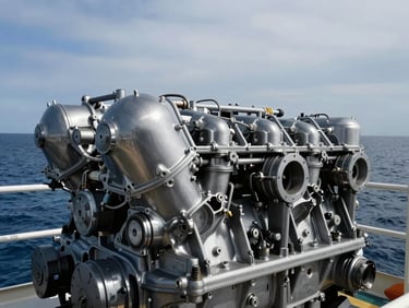 Close-up of marine engine components, brushed steel, crisp industrial studio light, sharp details.