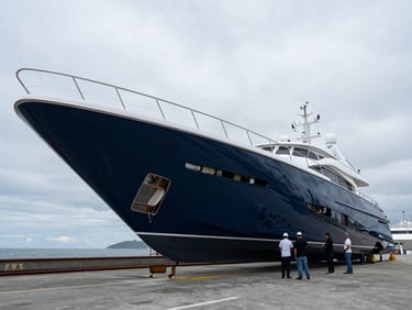 Luxury yacht hull out of water in a dry dock, technical crew inspecting, overcast coastal daylight, wide-angle lens