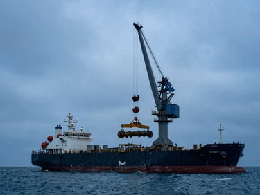 Dramatic low-angle shot of a massive industrial crane lifting a large component onto a heavy-lift vessel, with the sea and sky in the background, overcast coastal daylight, deep blues and steel grays, high contrast.