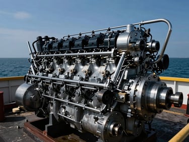 Close-up of a large marine engine being serviced in a dry dock, crisp industrial studio light, brushed steel components, wide-angle lens, high contrast