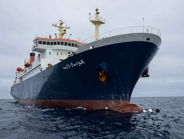 Underwater view of a ship's hull during survey, deep oceanic corporate editorial, sharp details, high contrast, wide-angle lens, overcast coastal daylight