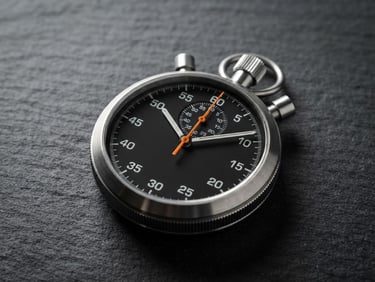 Tight macro shot of a sleek mechanical stopwatch resting on a dark slate desk, crisp directional light casting sharp shadows, orange accent hand, 50mm.