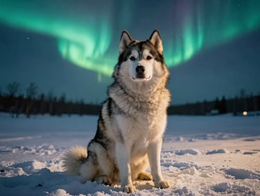Cinematic portrait of a majestic Siberian malamute sitting in deep snow, glowing aurora borealis in the background, soft bioluminescent teal and warm gold rim light.