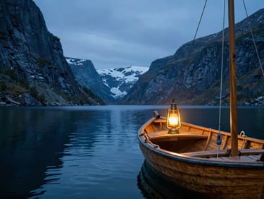 Anamorphic cinematic shot of a glowing blue fjord at twilight, soft gold lantern light from a wooden explorer boat, fantasy style
