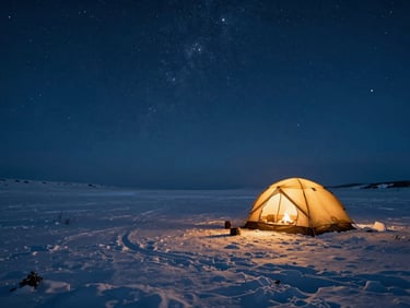 Cinematic shot of deep blue starry night sky over vast snowy plains, a glowing cozy explorer tent in the distance, warm hearthside glow