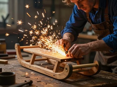 Cinematic close-up of Sawyer Claus in his workshop, sparks flying from a wooden sled runner, warm golden light, anamorphic lens.