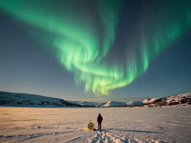 A wide cinematic landscape of the Scandinavian wilderness under a glowing green aurora borealis, a tiny lone explorer with a golden compass in the lower third, anamorphic lens.