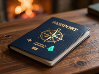 A close-up of a leather-bound explorer passport resting on a wooden desk, decorated with glowing gold and teal metallic badges depicting a compass, a star, an owl, and a pine tree, soft warm hearth light