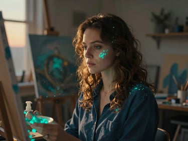 Cinematic portrait of Jenta Claus in her art studio, surrounded by glowing teal paints and floating dust motes, soft twilight lighting.