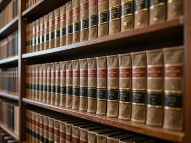 Rows of historic leather-bound law reviews on shelves in a prestigious university library, soft ambient lighting.