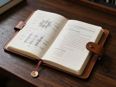 An open leather planner on a dark mahogany desk containing structural diagrams and legal outlines.