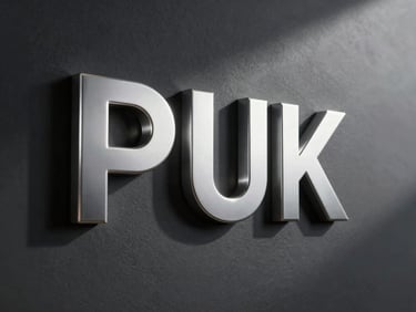Polished aluminum 3D block letters mounted on a matte black wall, dramatic side lighting casting sharp geometric shadows.