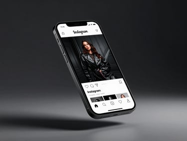 A high-fidelity smartphone mockup floating in mid-air, displaying an Instagram feed of a luxury brand with dramatic high-contrast photography.