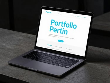 A sleek dark laptop mockup on a concrete desk, displaying a minimalist portfolio website with bright cyan typography, moody ambient studio lighting.