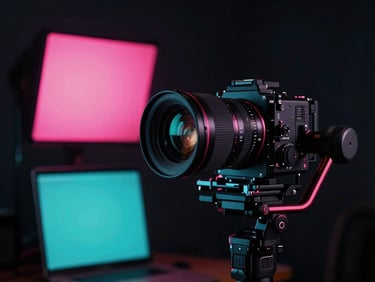 A high-end cinema camera rigged on a stabilizer inside a dark studio, hot pink and neon cyan backlights reflecting on the lens glass.