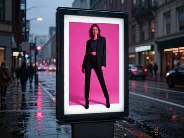 A tall vertical outdoor billboard mockup in a rain-slicked city street at twilight, displaying a high-fashion campaign with neon pink accents.