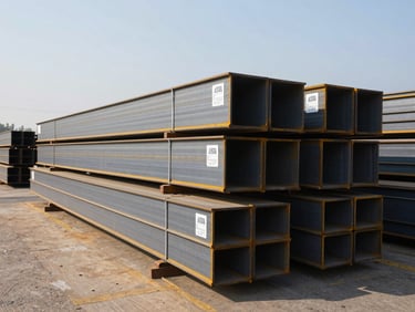 Wide shot of bundled structural steel I-beams stacked in an outdoor distribution yard under clear daylight, ASTM grade tags visible on bundles, receding rows showing depth of stock