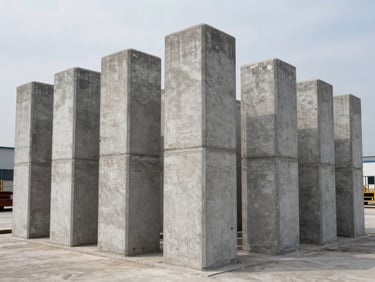 Close overhead shot of stacked precast concrete columns on a flat yard under overcast daylight, grade markings visible on each column face, industrial scale evident