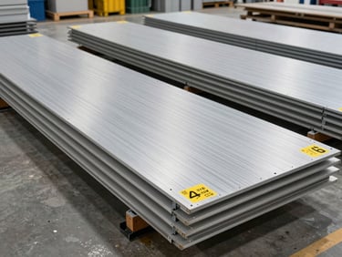 Wide angle of prefabricated engineered structural panels staged in rows on a distribution floor, load-rating stickers visible, clear warehouse lighting