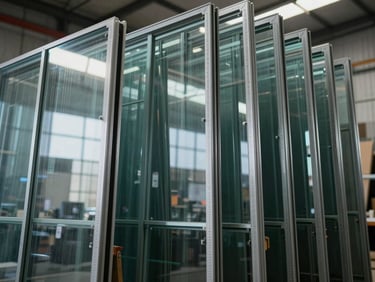 Tight framing of large architectural glass panels racked vertically in a warehouse under flat industrial lighting, thickness markings on edges, clean reflective surfaces showing scale