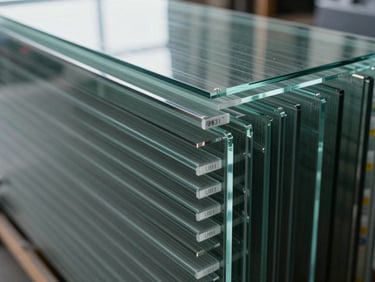 Tight framing of architectural glass sheets racked vertically in a warehouse, thickness and U-value labels on edges, diffuse overcast light, no people