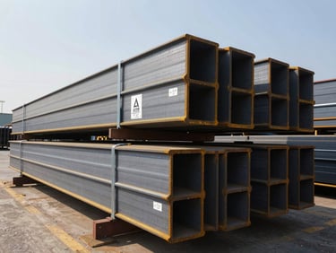 Wide shot of bundled structural steel I-beams racked in a distribution yard, ASTM grade tags visible on bundles, clear daylight, industrial scale