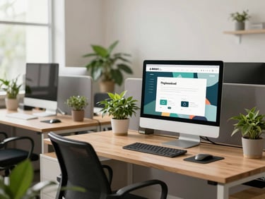 A bright creative studio office with green plants, clean desks, and a desktop monitor displaying a modern brand interface