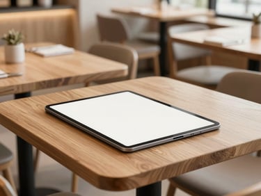 A modern minimalist restaurant interior with warm wooden tables, soft lighting, and a clean menu mockup on a tablet, professional photography